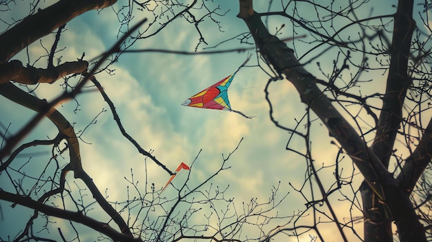 Foto un aquilone colorato vola in alto nel cielo sopra le cime degli alberi