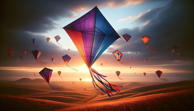 Colorful kites flying over desert