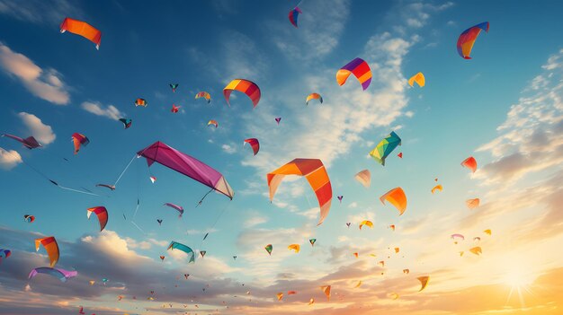 사진 하늘 에서 높이 날아다니는 다채로운 kites