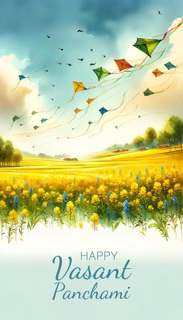 Colorful kites flying over mustard fields