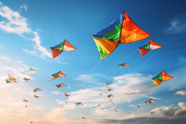 colorful kites flying in the sky at sunset