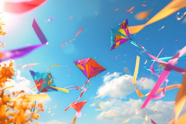 Colorful kites soaring high in a clear sky