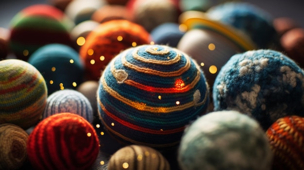 Colorful knitted balls on a dark background ai