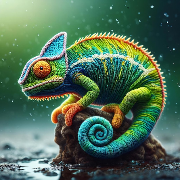 Colorful Knitted Chameleon Artwork AI Generated