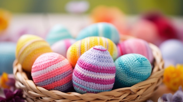 Colorful knitted easter eggs in a basket ai