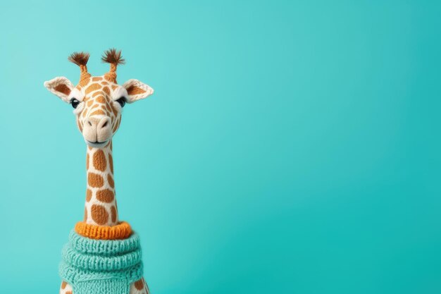 Photo colorful knitted funny giraffe toy isolated on background copy space