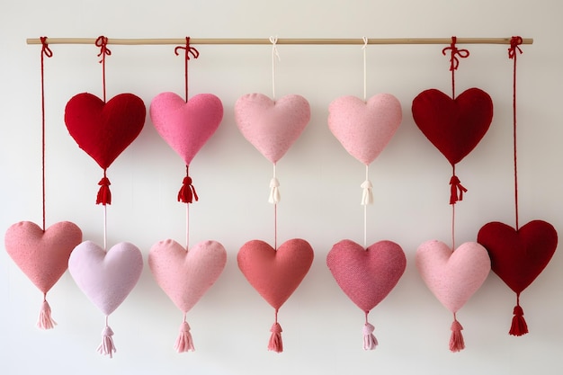 Photo colorful knitted hearts hanging on white background