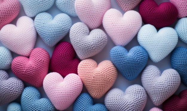 Colorful knitted hearts on a light background Valentines day concept