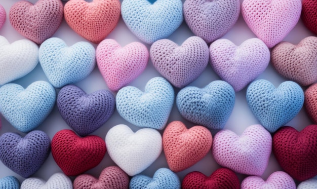 Colorful knitted hearts on a light background Valentines day concept