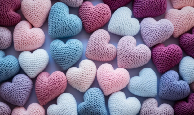 Colorful knitted hearts on a light background Valentines day concept