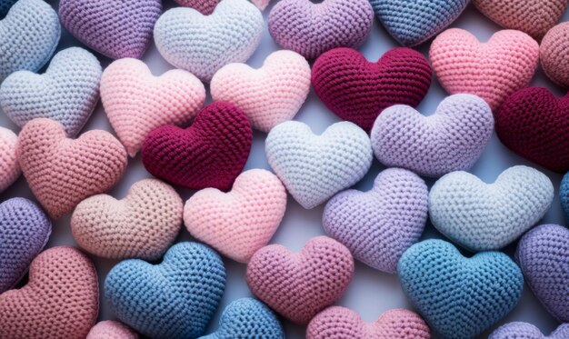 Colorful knitted hearts on a light background Valentines day concept