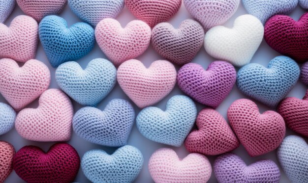 Colorful knitted hearts on a light background Valentines day concept