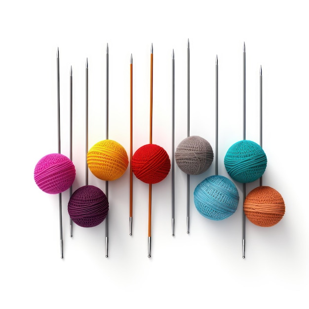 Photo colorful knitting needles and yarn balls isolated on white