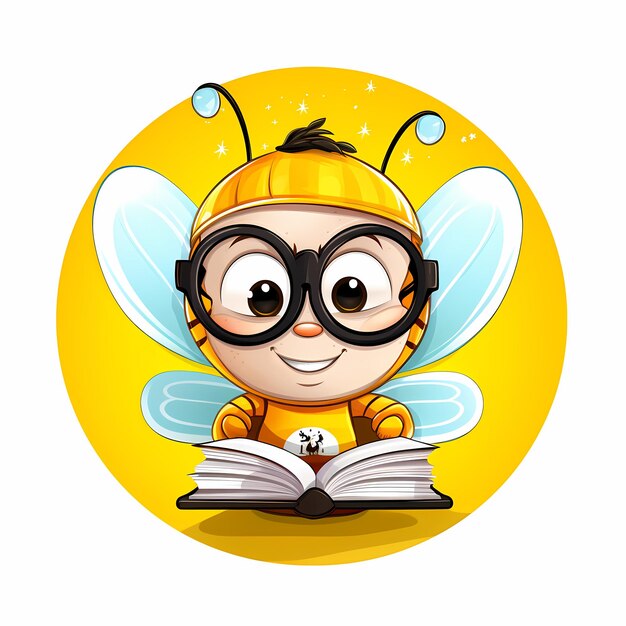 Photo colorful knowledge round logo illustrating a smiling bee with glasses and a book