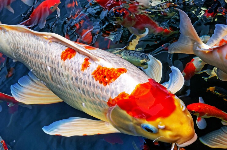 Colorful koi fish gathered together in the pond