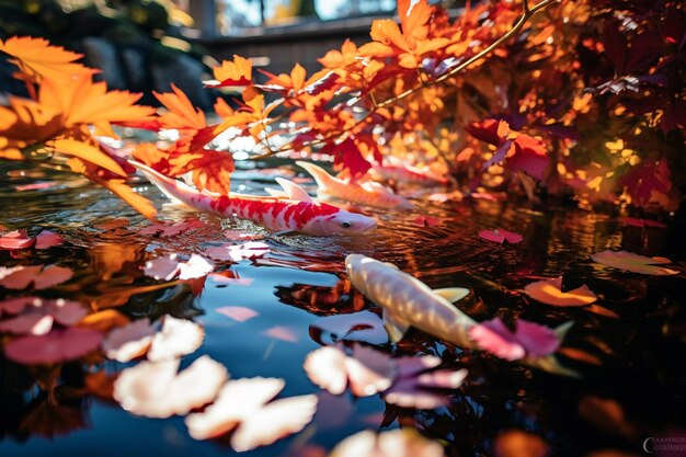 Foto pesci koi colorati che nuotano in uno stagno con foglie d'autunno