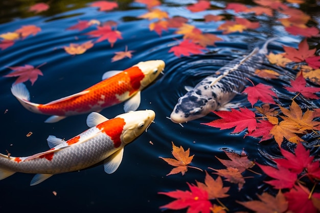 Foto pesci koi colorati che nuotano in uno stagno con foglie d'autunno