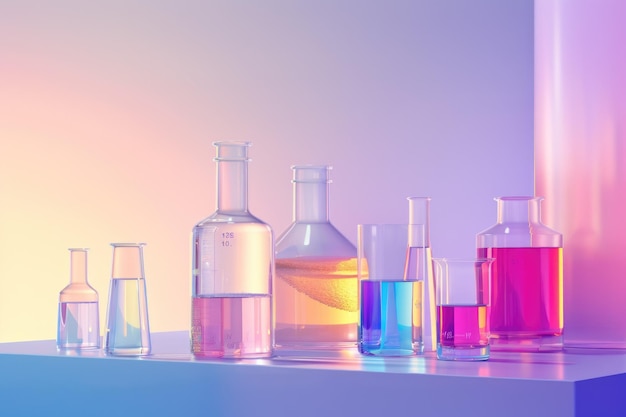 Colorful lab glassware on gradient background science research concept