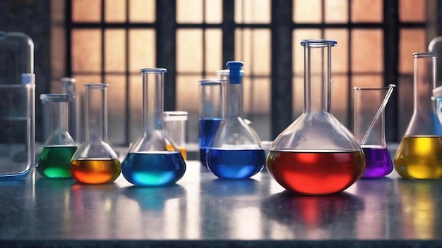 Colorful laboratory glassware on concrete background scientific research medicine flask tubes 3d ren