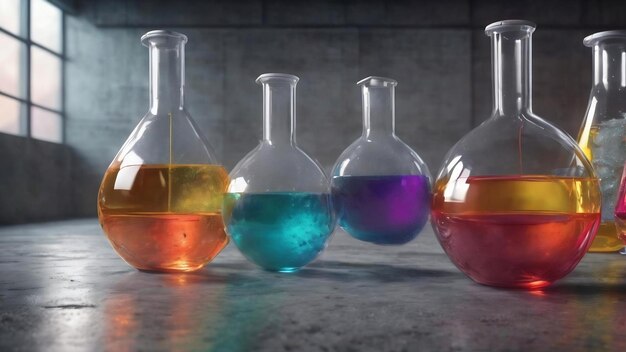 Colorful laboratory glassware on concrete background scientific research medicine flask tubes 3d ren