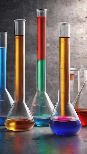 Цветная лабораторная стеклянная посуда на бетонном фоне научные исследования медицина колба трубки 3d ren