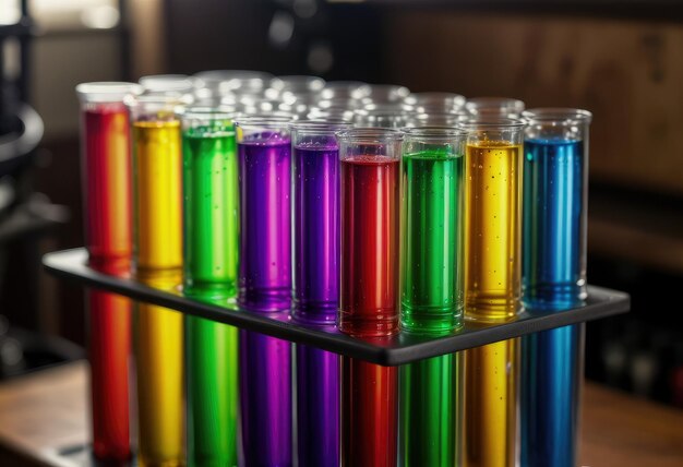 Фото Цветные лабораторные пробирки, расположенные на стойке с размытым фоном
