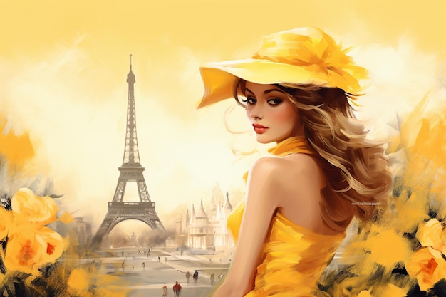 colorful lady with hat stands near the eiffel tower in the style of cartoon realism yellow vintage