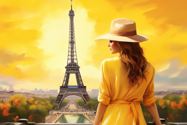 colorful lady with hat stands near the eiffel tower in the style of cartoon realism yellow vintage