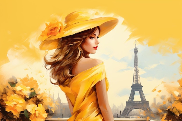 colorful lady with hat stands near the eiffel tower in the style of cartoon realism yellow vintage