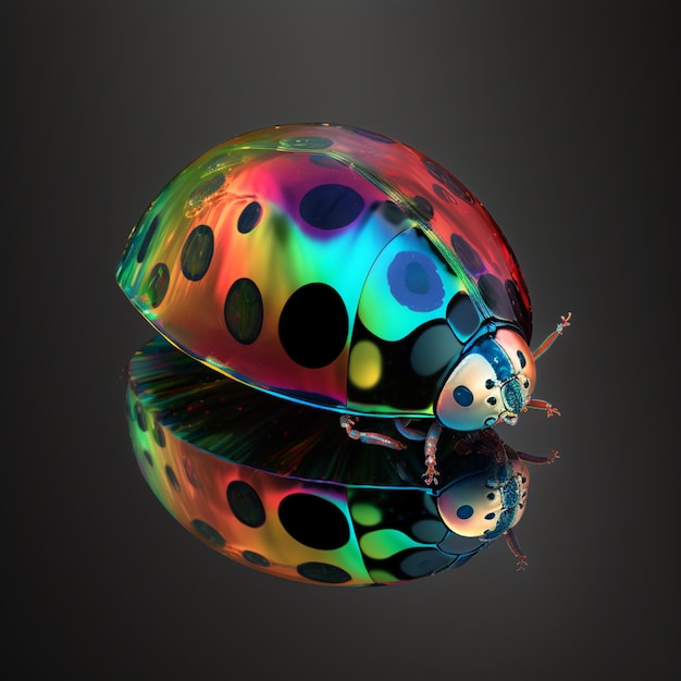 A colorful ladybug is reflected on a black surface.