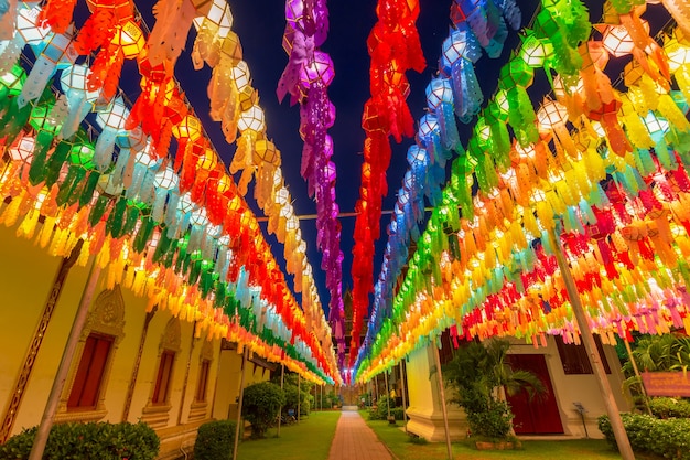 Colorful Lamp Festival and Lantern in Loi Krathong at Wat Phra That Hariphunchai, Lamphun Province, Thailand