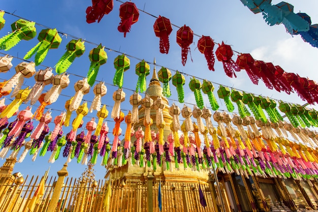 Colorful Lamp Festival and Lantern in Loi Krathong at Wat Phra That Hariphunchai