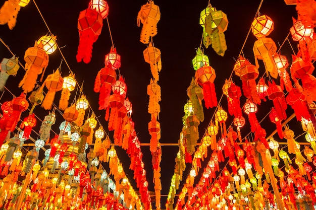 Colorful Lamp and lantern in Loi Krathong Wat Phra That Haripunchai Lamphun Thailand