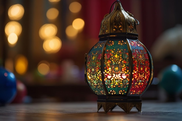 A colorful lamp sits on a table in front of a blurred background with lights generative ai