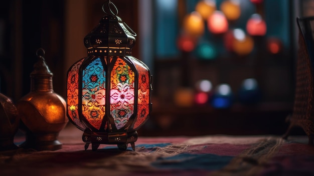 A colorful lamp sits on a table in front of a blurred background