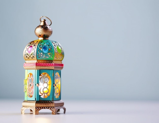 A colorful lamp with a gold base and a blue background.