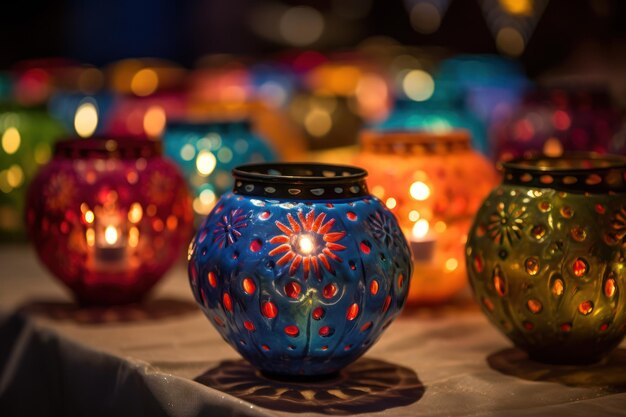 Colorful lamps lit in Diwali festivities