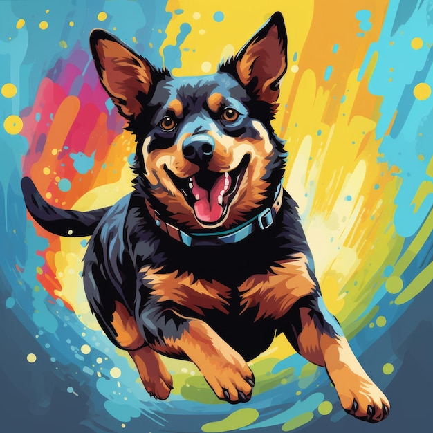 Colorful Lancashire Heeler Takes Flight A Cute Vector Illustration of a Laughing Dog Jumping in a V