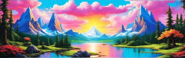 Красочный пейзаж вымышленной страны с озером и холмом