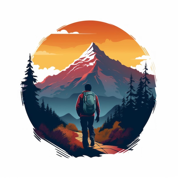 Colorful Landscape Hiking Tshirt Design With Detailed Silhouette