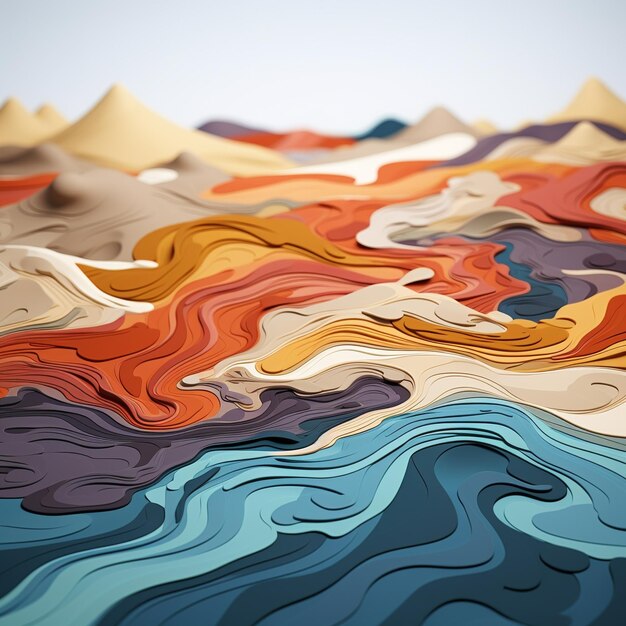 a colorful landscape of mountains and the ocean