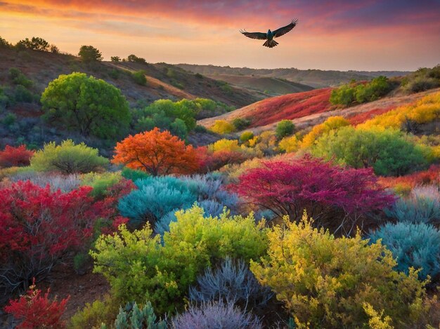 Photo a colorful landscape with a bird flying over it