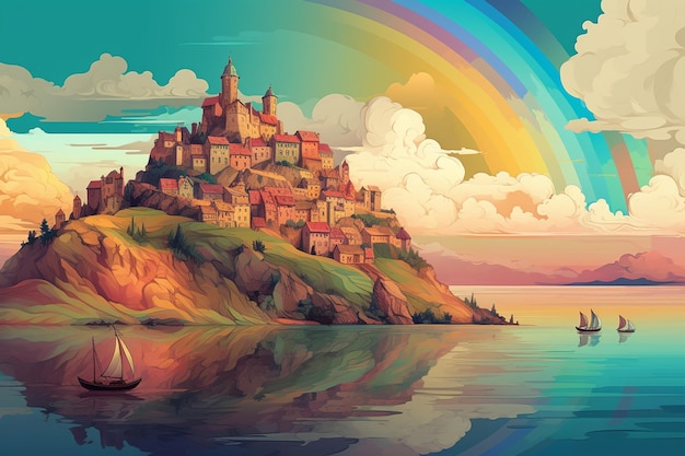 A colorful landscape with a boat on the water and a rainbow in the background.
