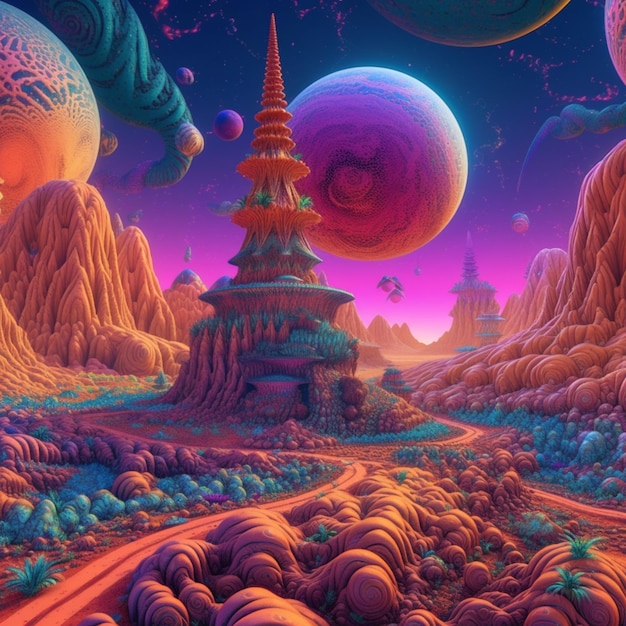 Premium AI Image | A colorful landscape with a castle and a large planet.