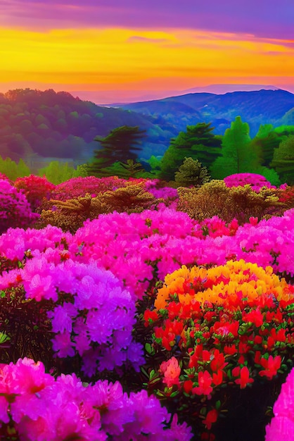 A colorful landscape with a field of rhododendrons.