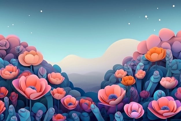 A colorful landscape with flowers and mountains in the background