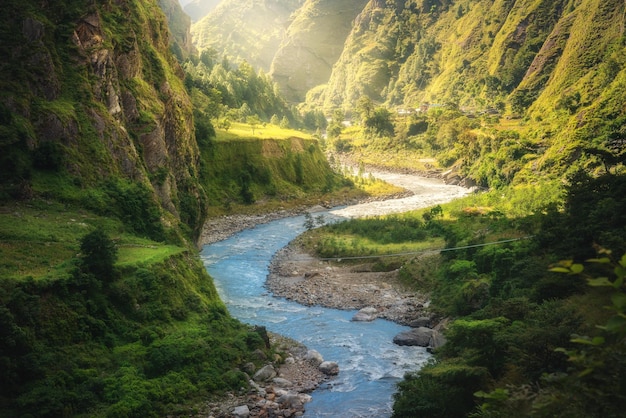 Colorful landscape with high Himalayan mountains beautiful curving river green forest grass yellow sunlight at sunrise in summer Mountain canyon in Nepal in spring Travel in Himalayas Nature