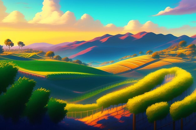 A colorful landscape with hills and hills and a sunset.