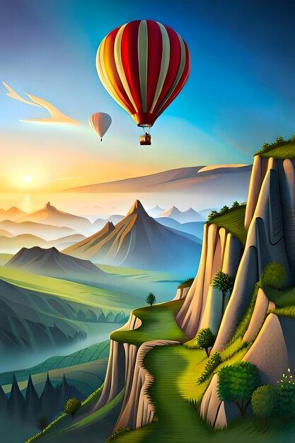 Colorful landscape with hot air balloons at sunset