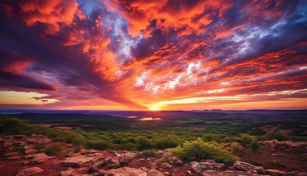 Colorful landscape with majestic clouds spread across the horizon Generative ai